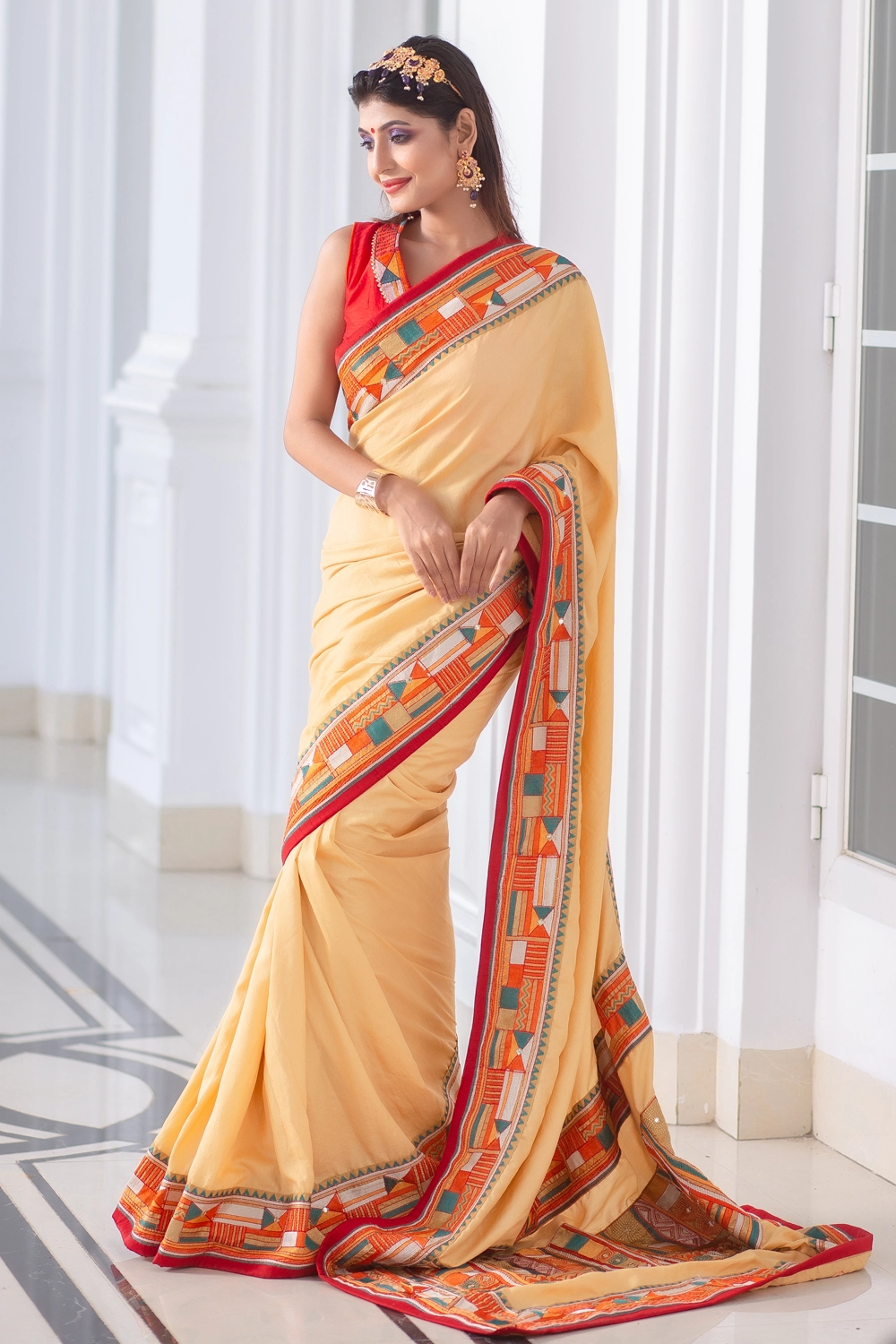 Cream Silk Saree with Embroidery & Patchwork
