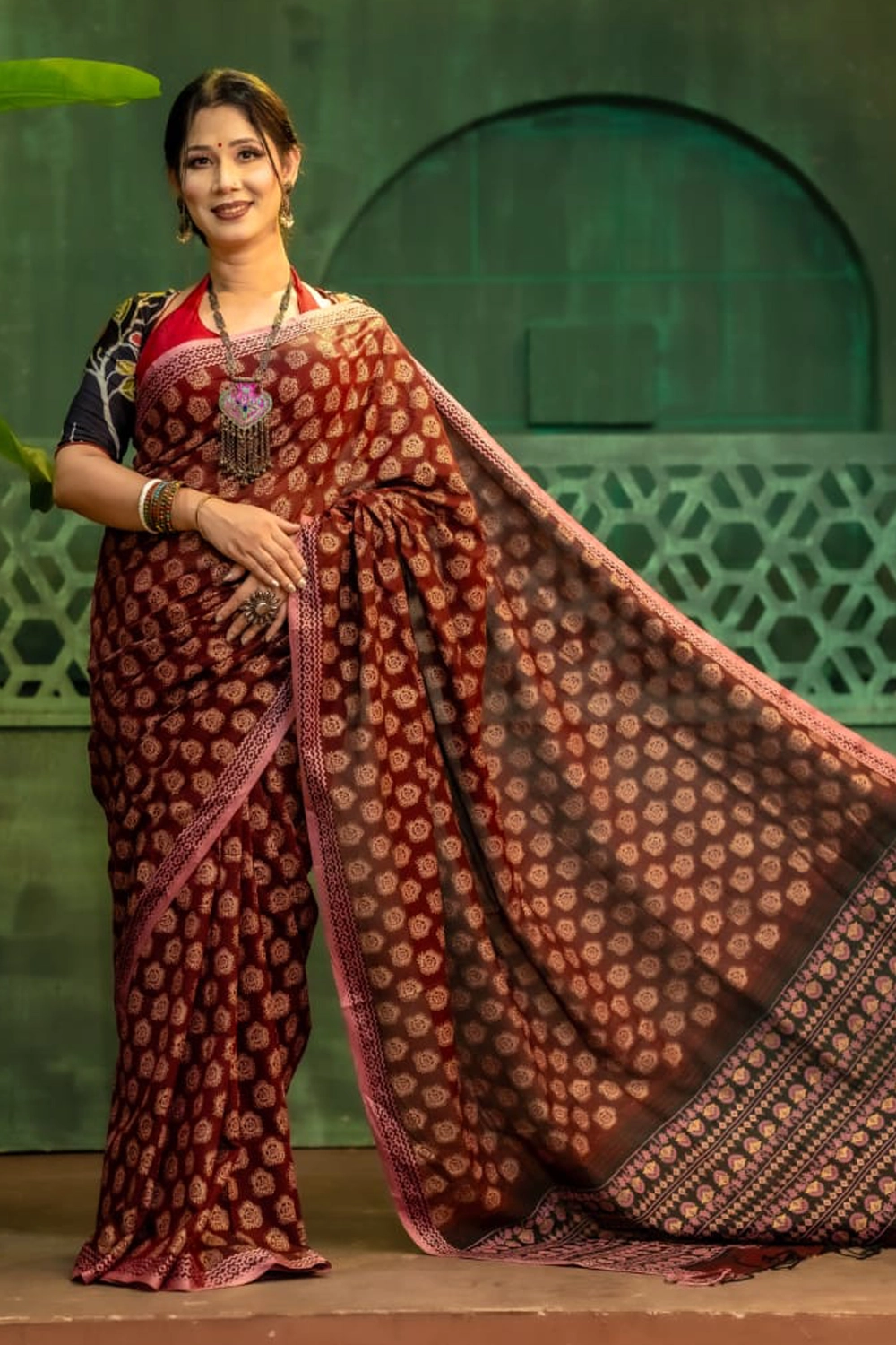 Multi Cotton Saree with Khari & Screen Print