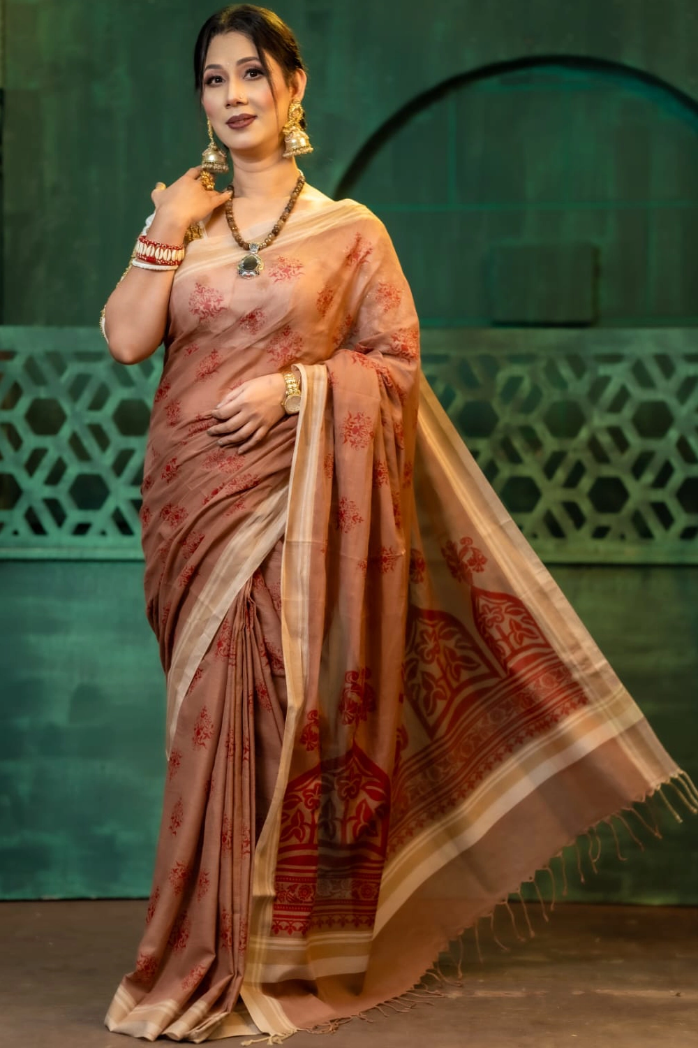 Brown Cotton Saree with Screen Print