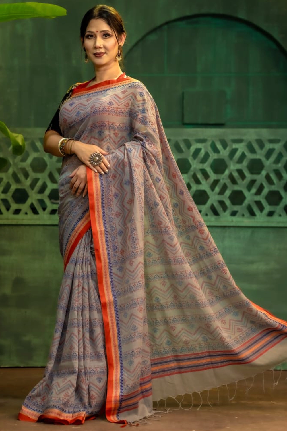 Ash Cotton Screen Print Saree