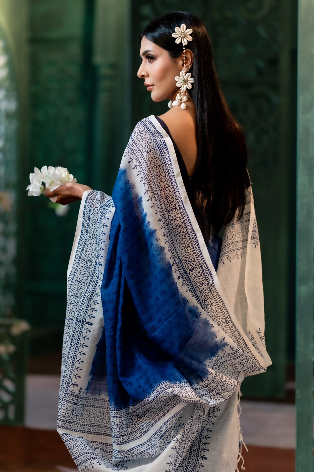 Black White Cotton Dyeing Block Print Saree