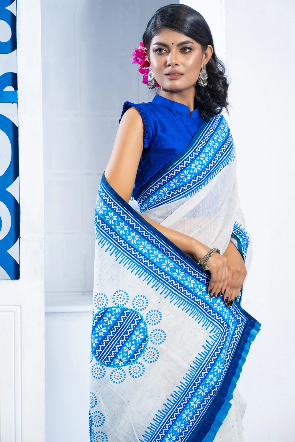 White Feroza Half Silk Screen Print Patchwork Saree