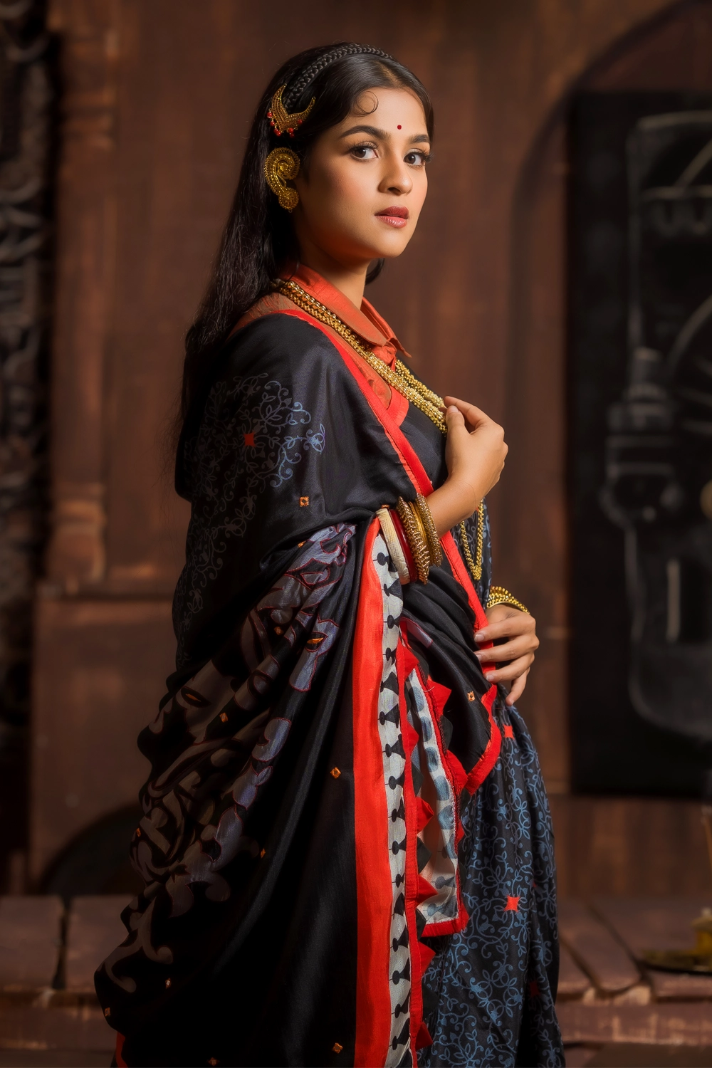 Black Tussar Silk Saree with Screen Print and Embroidery
