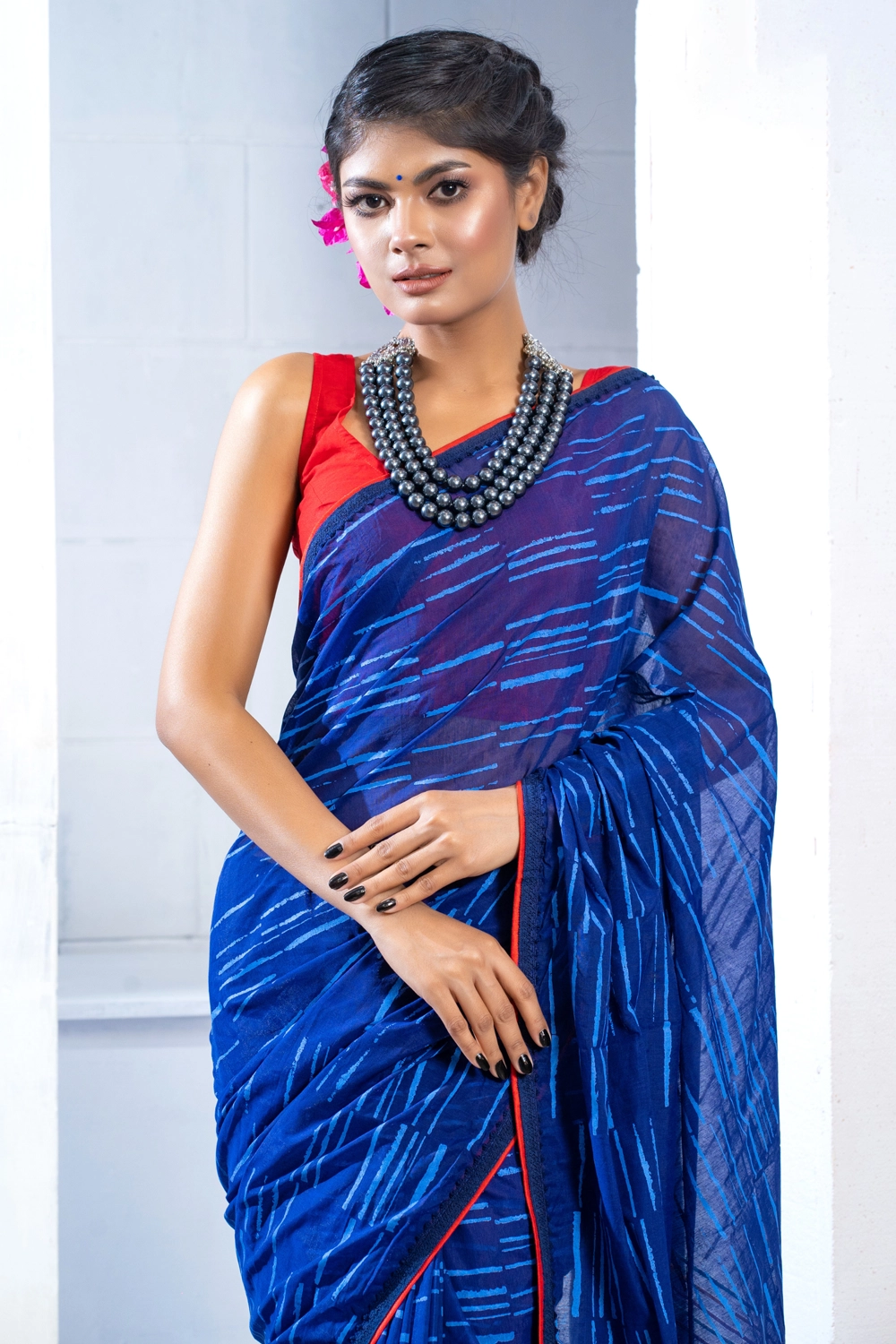 Blue Cotton Saree with Embroidery and Screen Print