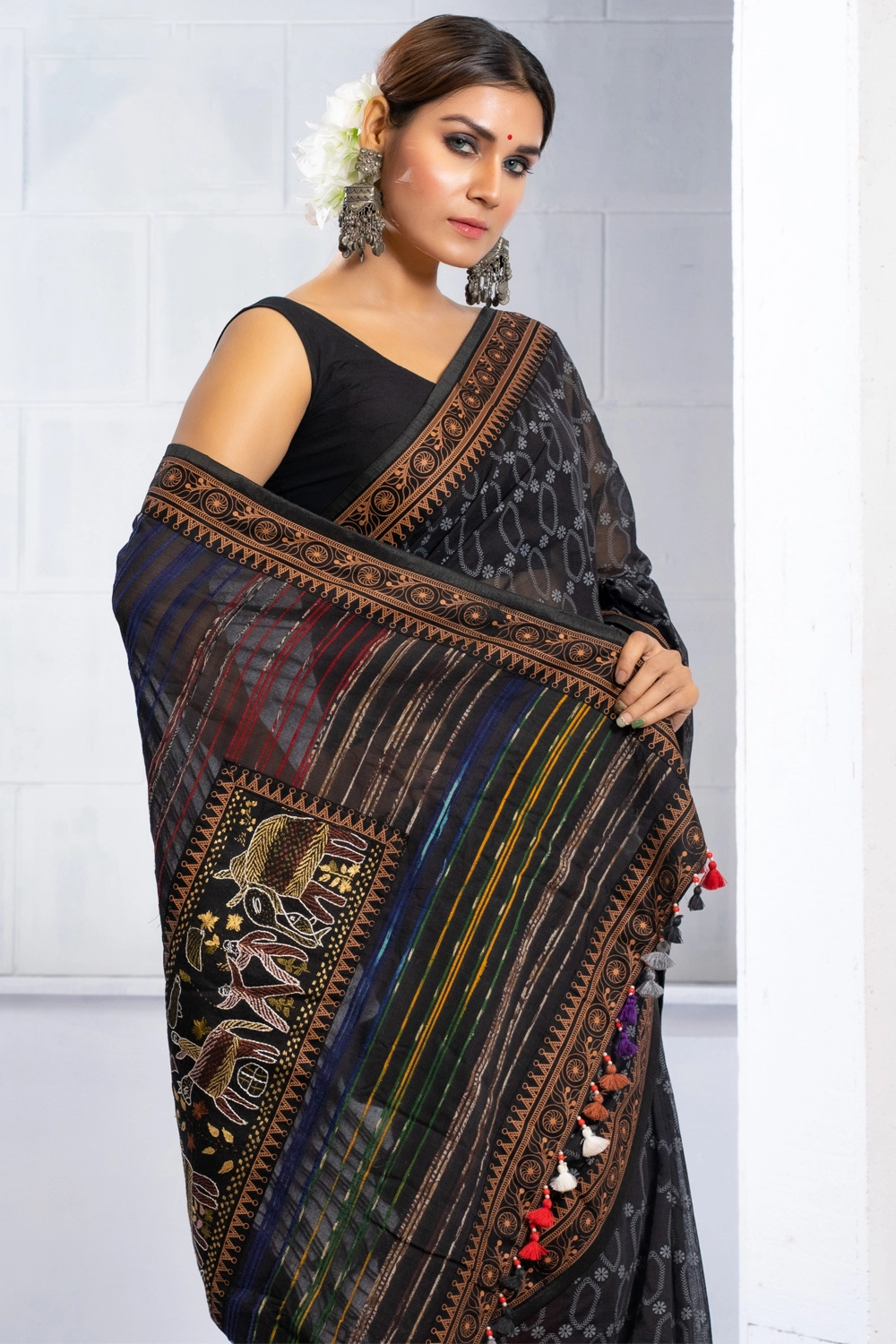 Black Cotton Nokshi Handwork Saree