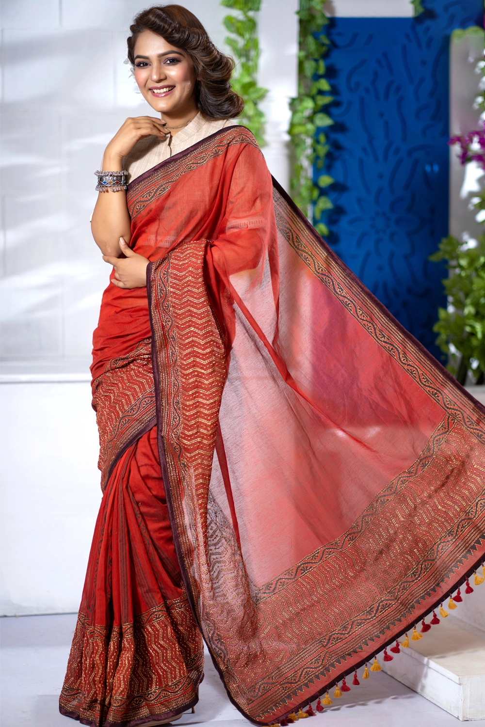 Maroon Half Silk Block Print Handwork Saree