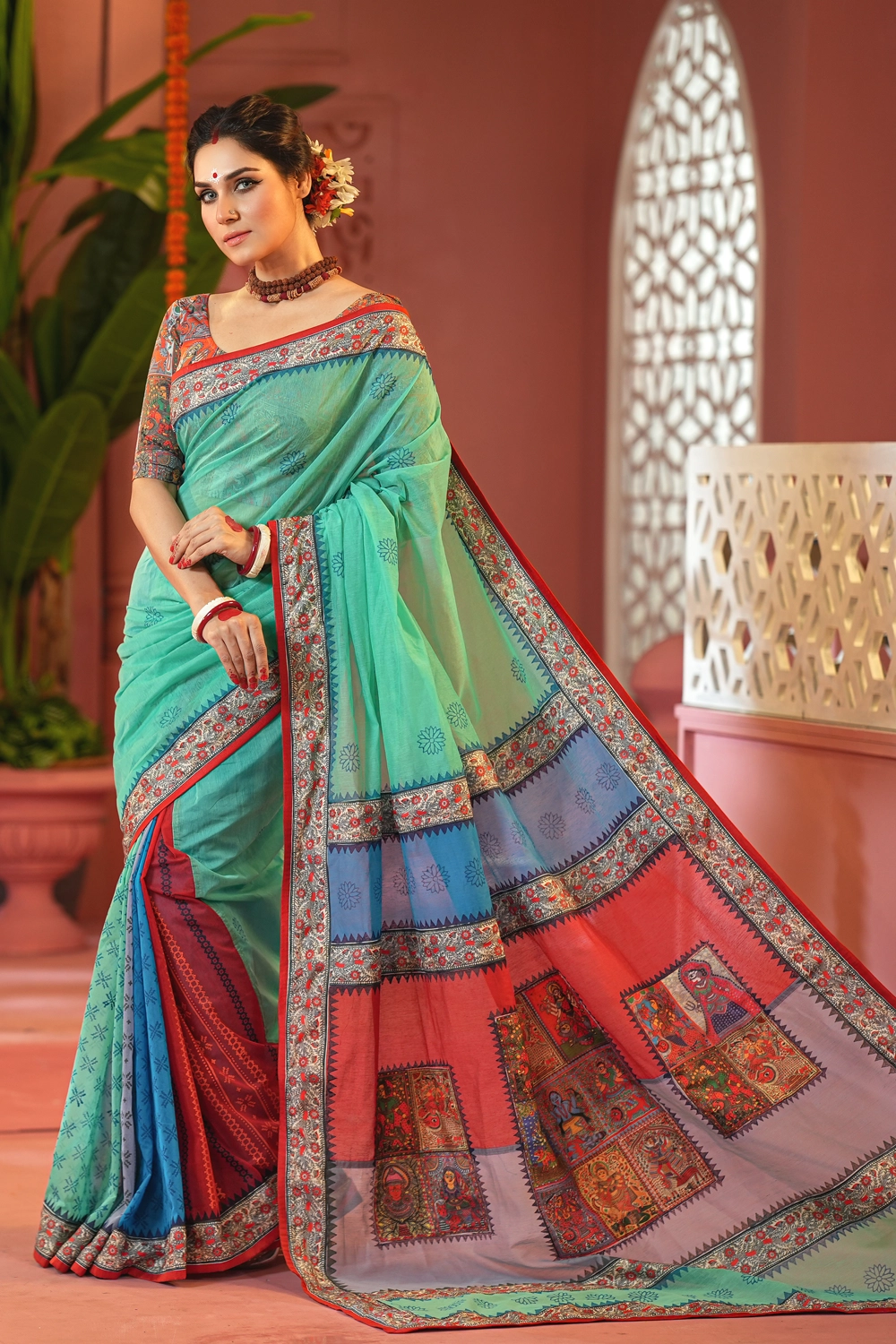 Pastel Half Silk Embroidered Printed Saree