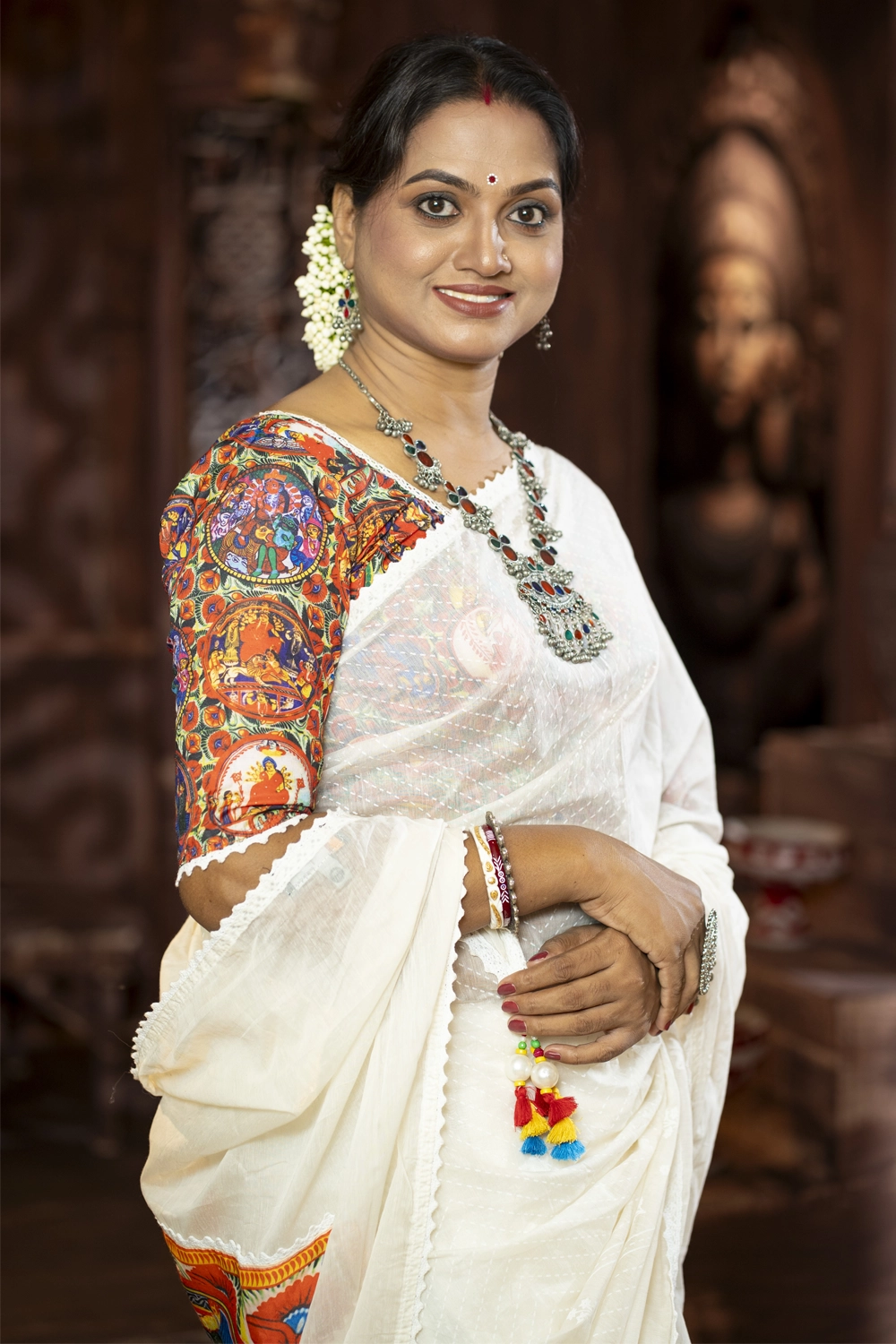 Multi Half Silk Printed Patchwork Saree with Blouse Piece
