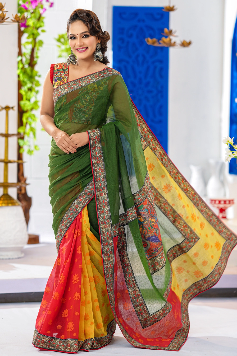 Olive Yellow Half Silk Printed Patchwork Saree with Blouse