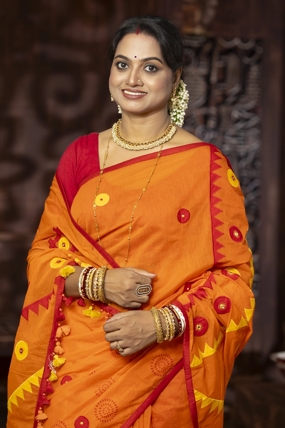 Orange Half Silk Cutwork Saree with Blouse