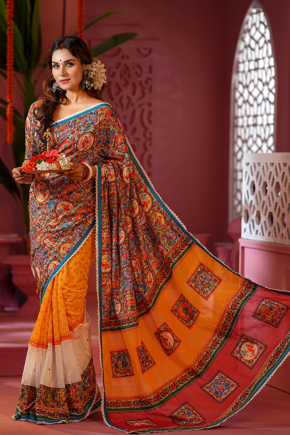 Multi Cotton Saree with Cutwork, Block Print & Patchwork