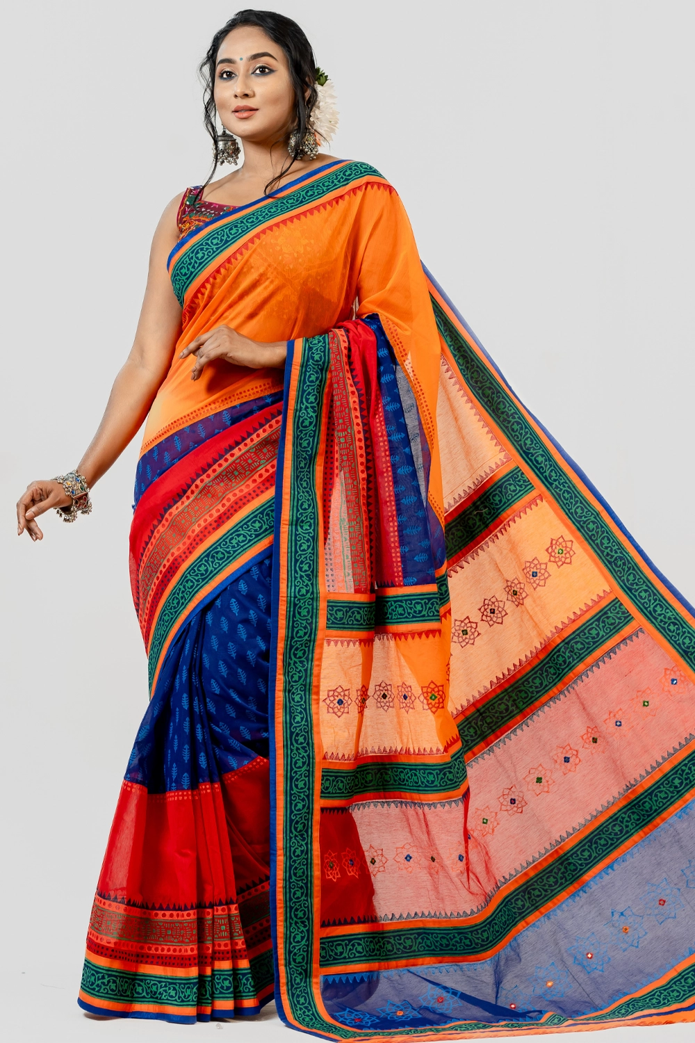 Multi Half Silk Saree with Block Print Embroidery and Patchwork