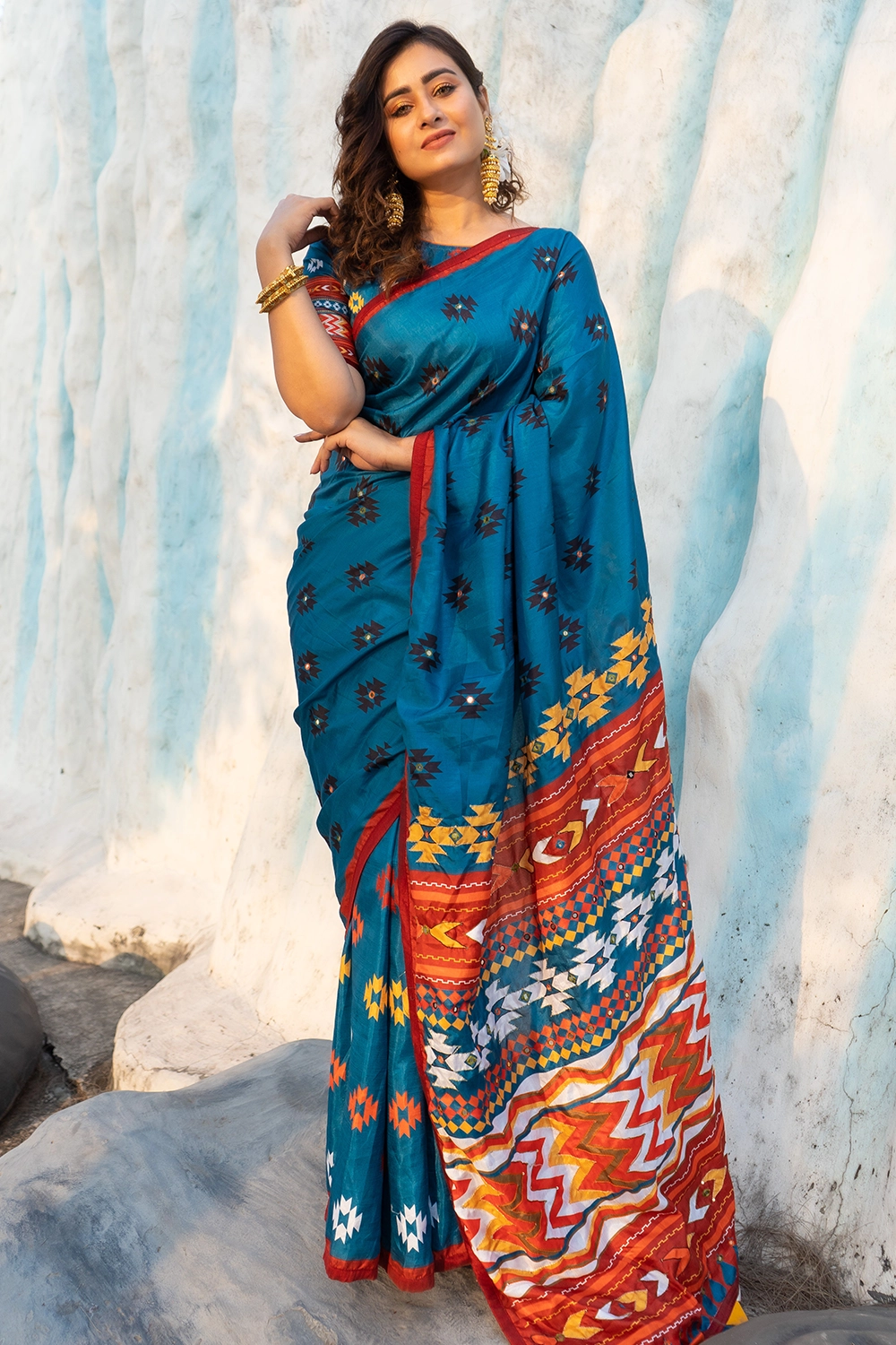 Sea Blue Silk Karchupi Saree