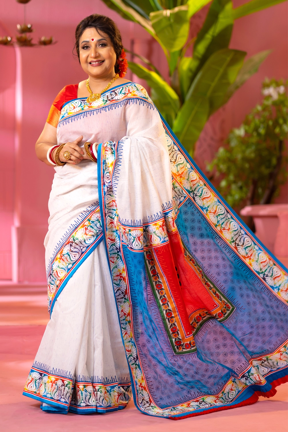 Multicolour Half Silk Printed Saree wtih patchwork