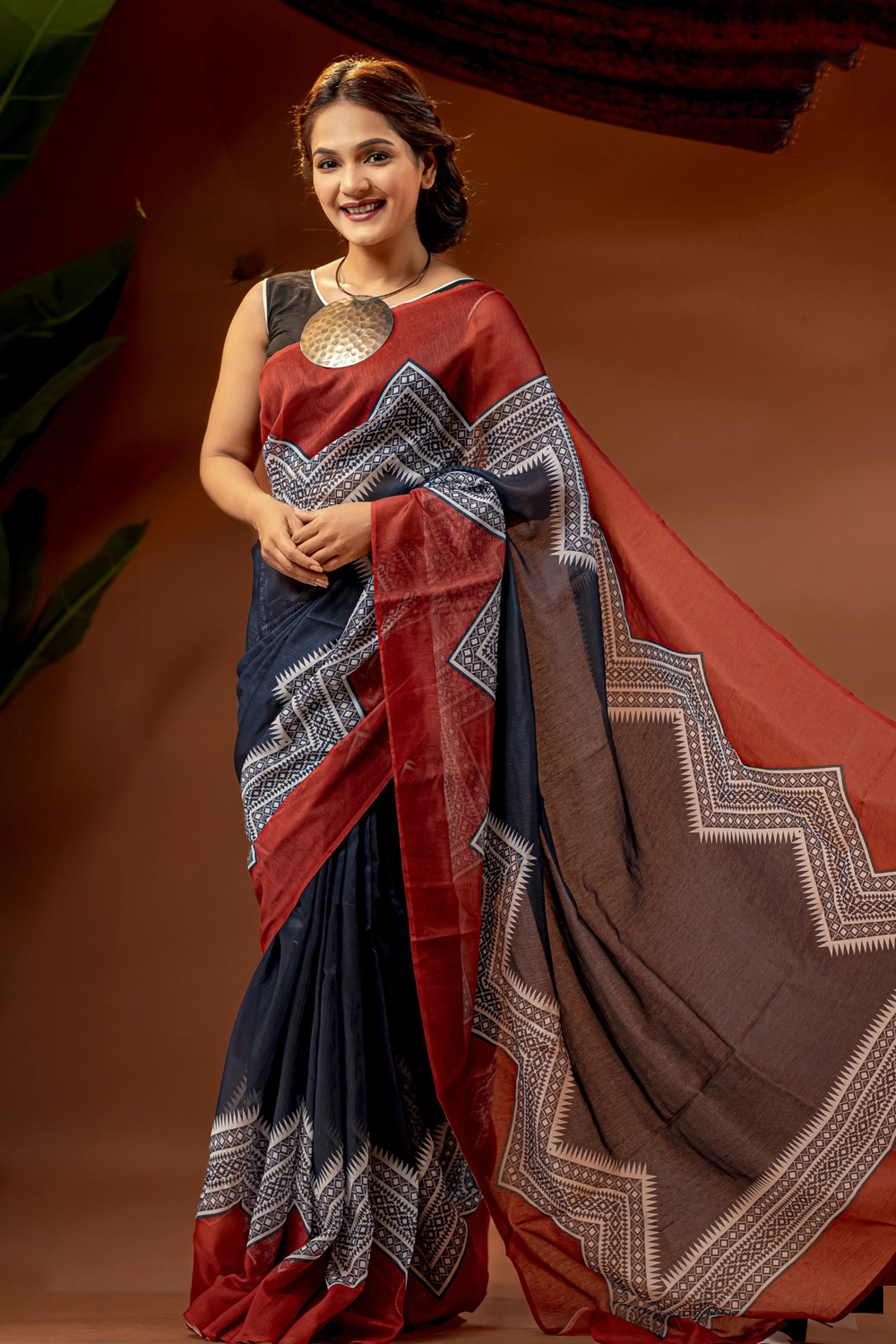 Blue & Maroon Industrial Print Half Silk Saree