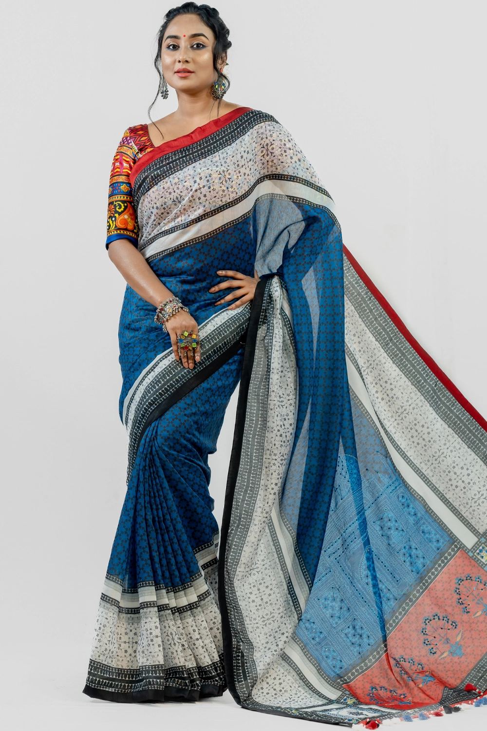 Blue Handwork Industrial Print Half Silk Saree