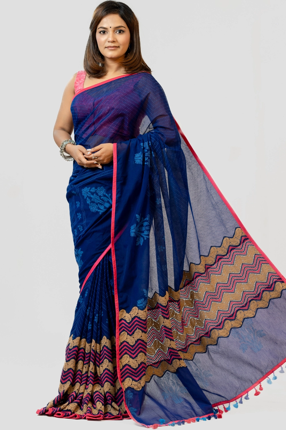 Blue Screen Print Embroidery Patchwork Half Silk Saree