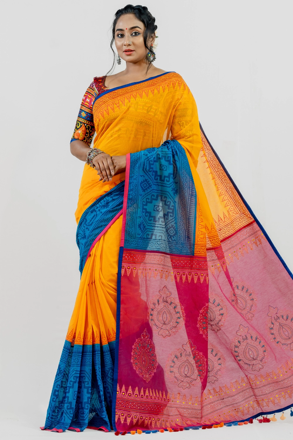 Multi Half Silk Block Print & Handwork Saree