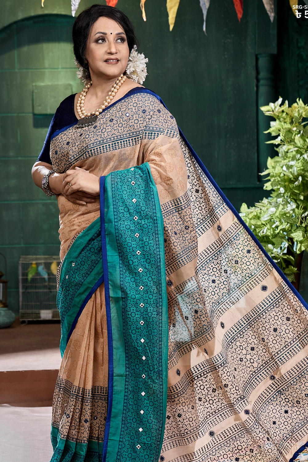 Biscuit Half Silk Block Print Embroidered Saree