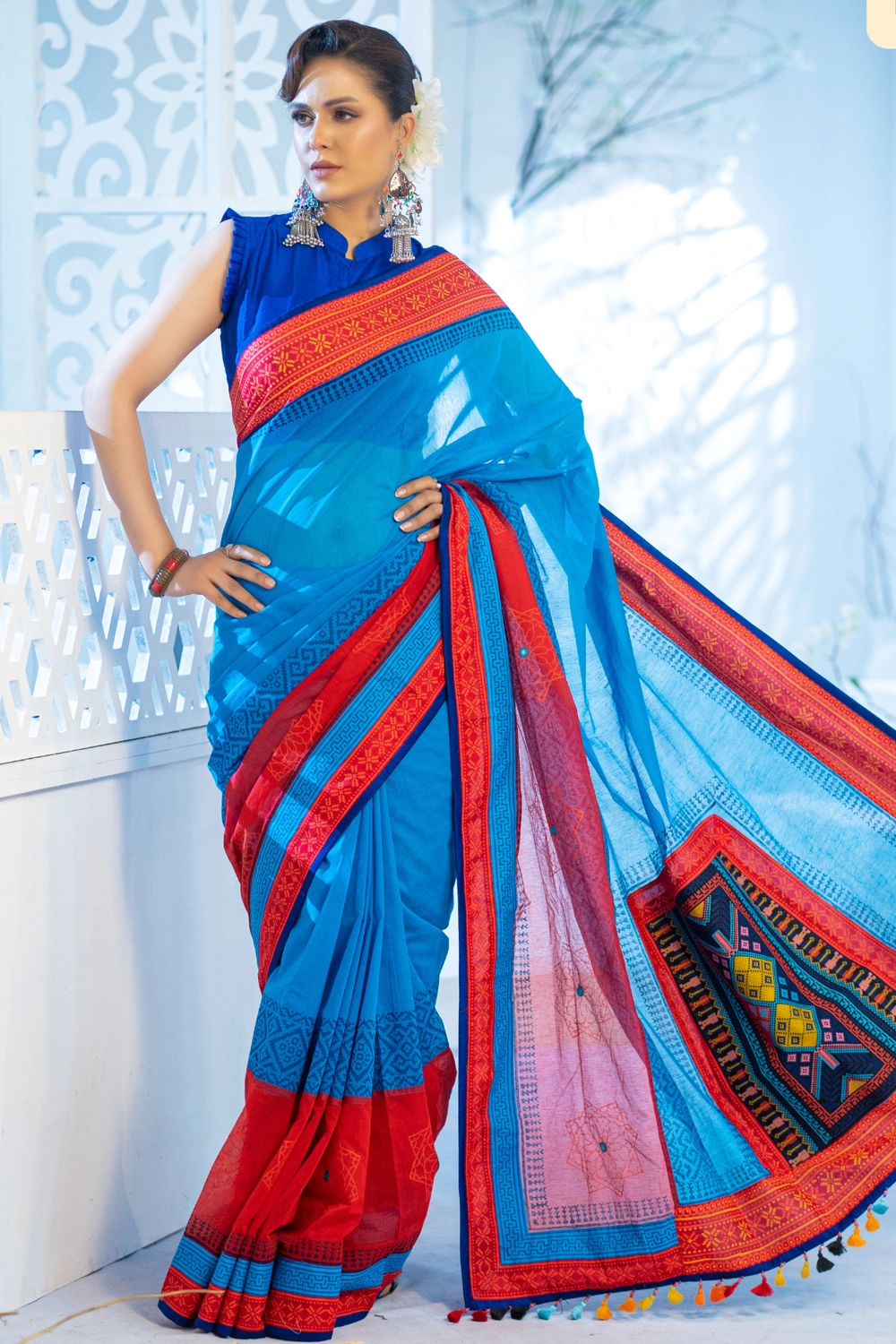 Feroza Half Silk Block Print Embroidered Saree