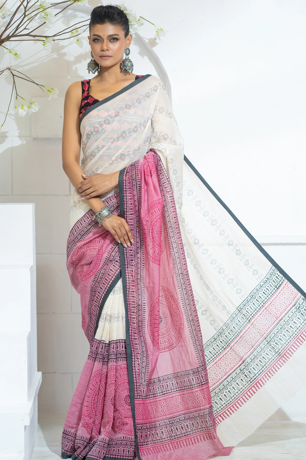 Off-White & Magenta Cotton Block Print Saree
