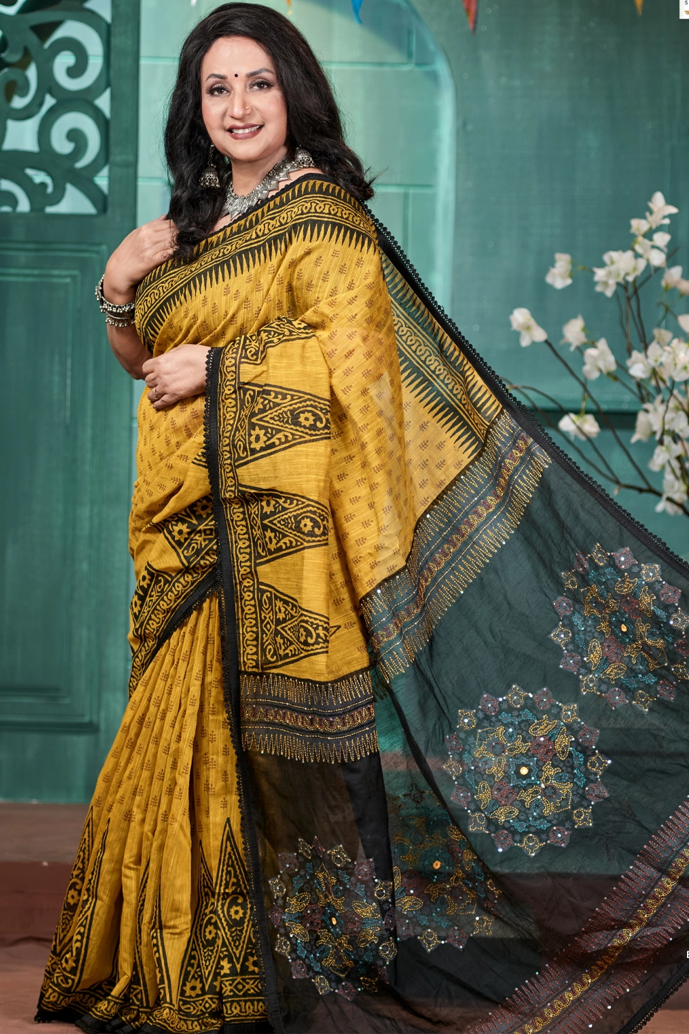 Black & Golden Half Silk Block Print Handwork Saree
