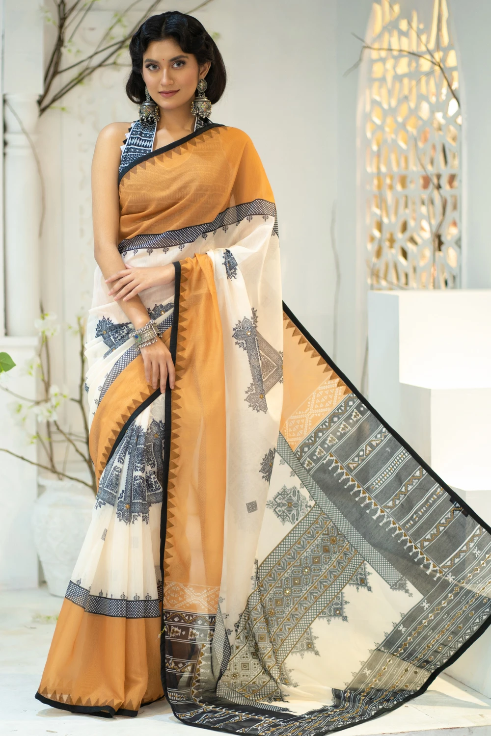 Multi Half Silk Embroidered Industrial Print Saree
