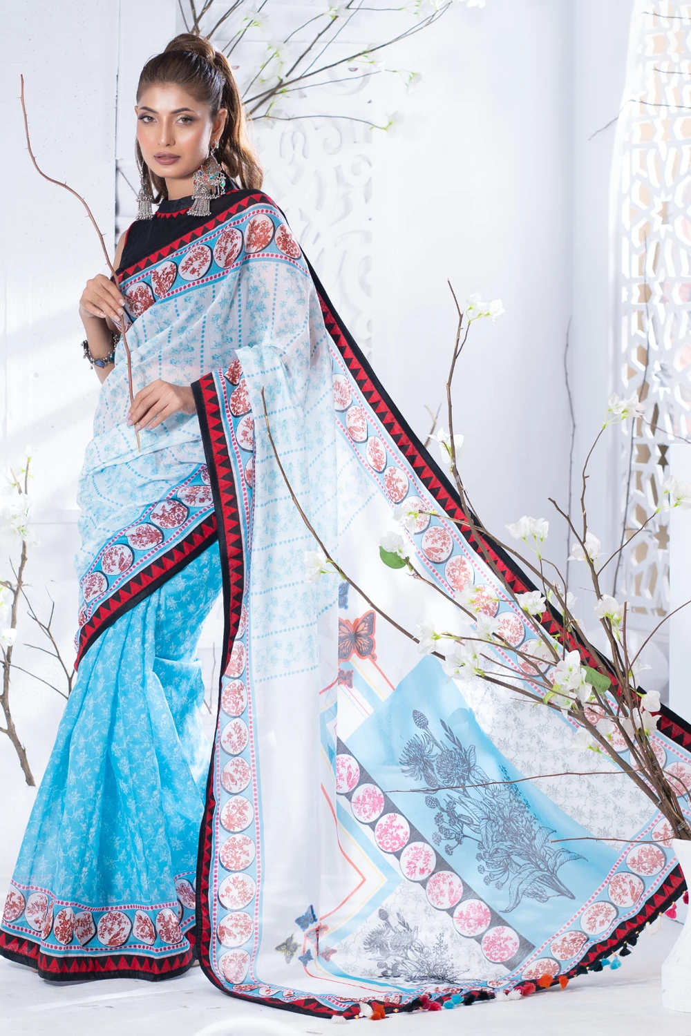 Sky & White Half Silk Embroidered Industrial Print Saree
