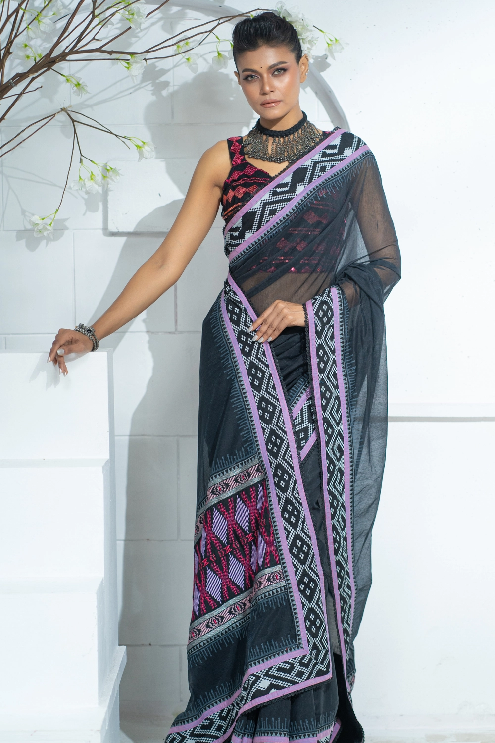 Black Half Silk Embroidered Screen Print Saree