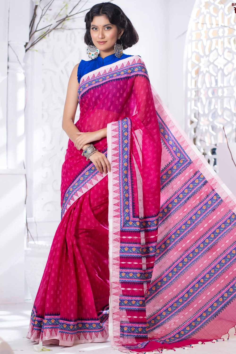 Magenta Half Silk Industrial Print Patchwork Saree