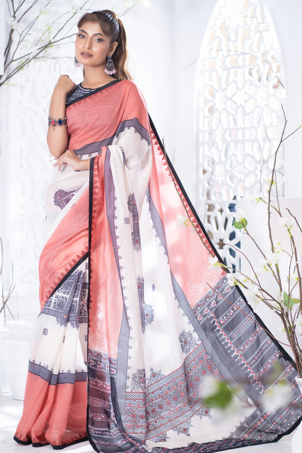 Paste Half Silk Embroidered Industrial Print Saree