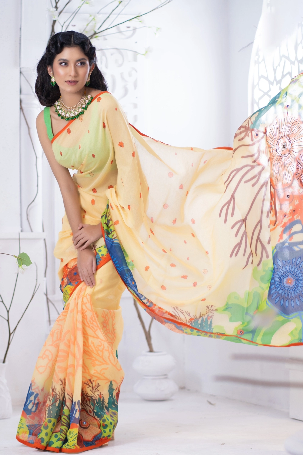 Yellow Half Silk Industrial Print Embroidered Saree